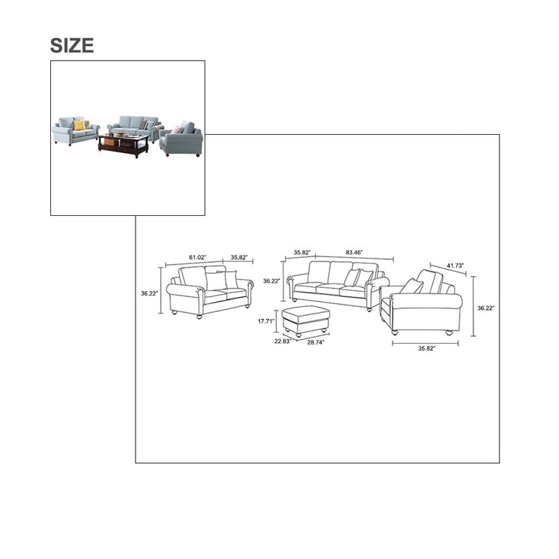 Remsoft 4PCS Sectional Sofa Set Living Room Linen Fabric Sofa Couch, 3 Seater/ Loveseat/