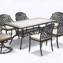 Island Gale® Outdoor 7-piece Cast Aluminum Dining Set, 63-Inch x 36-Inch Rectangular Marble Top Dining Table, 2 Swivel Chairs, Antique Copper Finish