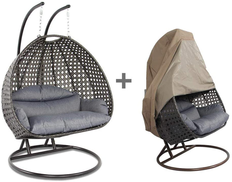 Island Gale® One and Only Solid One Piece Luxury 2 Person Outdoor, Patio, Hanging Wicker Swing Chair , Charcoal Chair and Charcoal Cushion + Protective Cover)