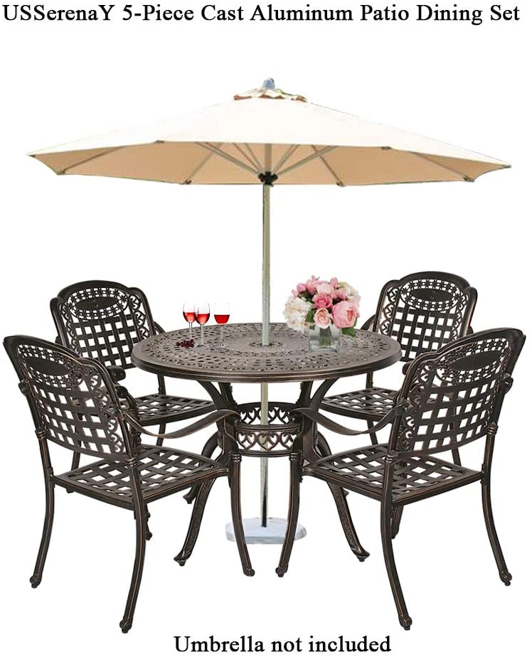 Island Gale 5-Piece Outdoor Cast Aluminum Dining Set, 30.7-Inch Round Dining Table with Umbrella Hole,