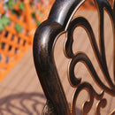 Island Gale 5 Piece Outdoor Cast Aluminum Square Table Dining Set, Elizabeth Chair, Antique Bronze.