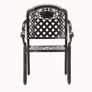Island Gale 5 Piece Outdoor Cast Aluminum Square Table Dining Set, Elizabeth Chair, Antique Bronze.