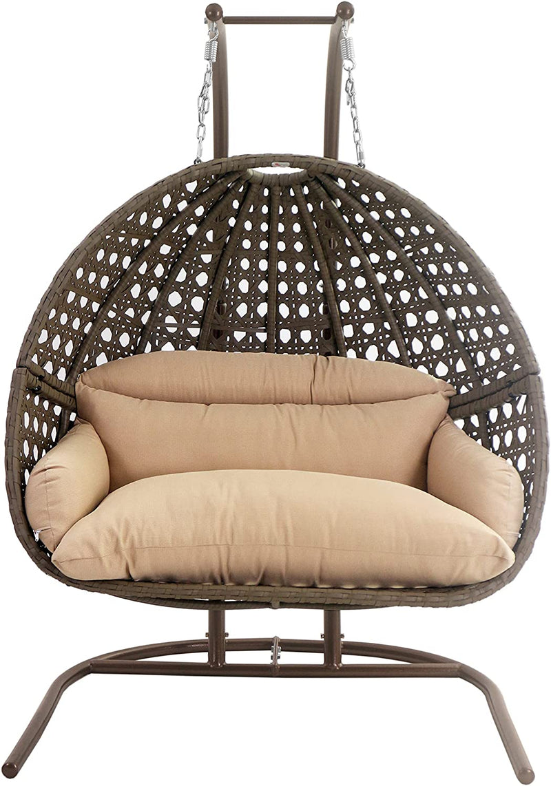 Island Gale Upgraded Luxury Double Seat Outdoor Patio Hanging Wicker Swing Chair W/Cushion and U Shape Base (Charcoal or Latte Color Option))