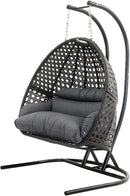 Island Gale Upgraded Luxury Double Seat Outdoor Patio Hanging Wicker Swing Chair W/Cushion and U Shape Base (Charcoal or Latte Color Option))