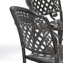 Island Gale 5 Piece Outdoor Cast Aluminum Square Table Dining Set, Elizabeth Chair, Antique Bronze.