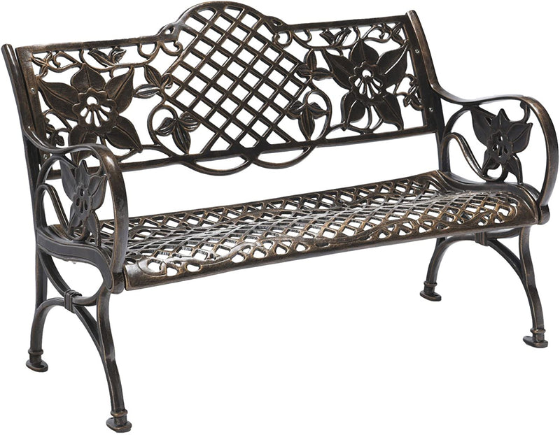 Island Gale® Outdoor Patio Cast Aluminum Bench - Garden Backyard Solid Construction with Huge Flower Pattern, (Bronze or White)
