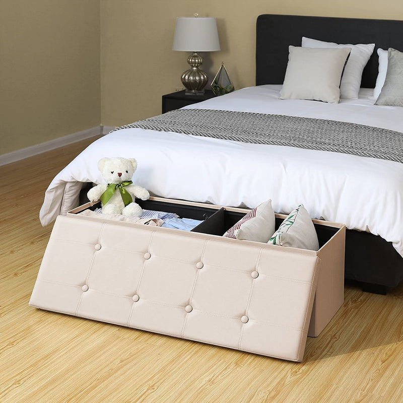 REMSOFT®  Folding Toy Box Chest with Memory Foam Seat Tufted Faux Leather or Fabric Trunk Bedroom Ottomans Bench End Table, 45 Inch, Button