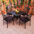 Island Gale 5 Piece Outdoor Cast Aluminum Square Table Dining Set, Elizabeth Chair, Antique Bronze.
