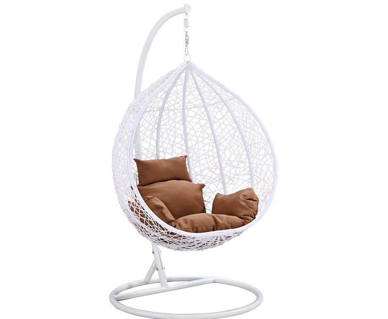 Island Gale® One and Only Solid One Piece Hanging Basket Chair Outdoor Front Porch Furniture with Stand and Cushion (White/Beige)