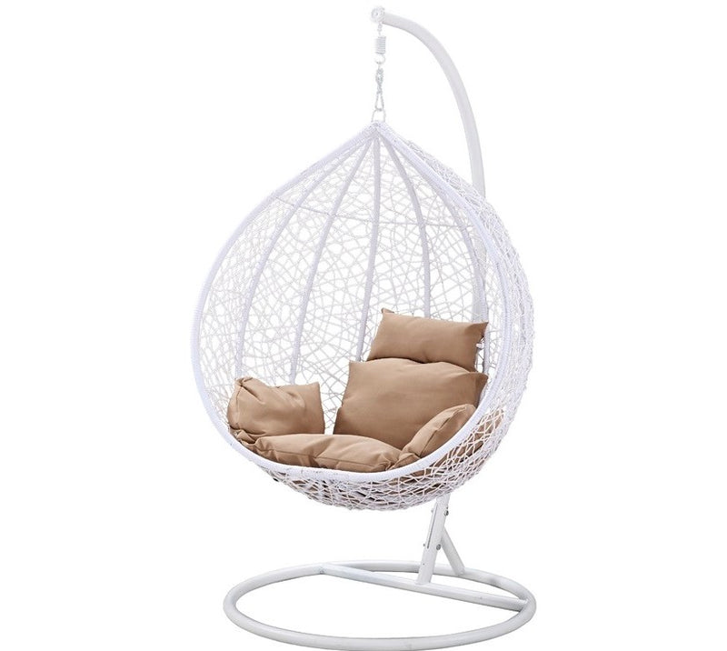 Island Gale® One and Only Solid One Piece Hanging Basket Chair Outdoor Front Porch Furniture with Stand and Cushion (White/Beige)
