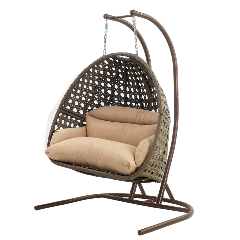 Island Gale Upgraded Luxury Double Seat Outdoor Patio Hanging Wicker Swing Chair W/Cushion and U Shape Base (Charcoal or Latte Color Option))